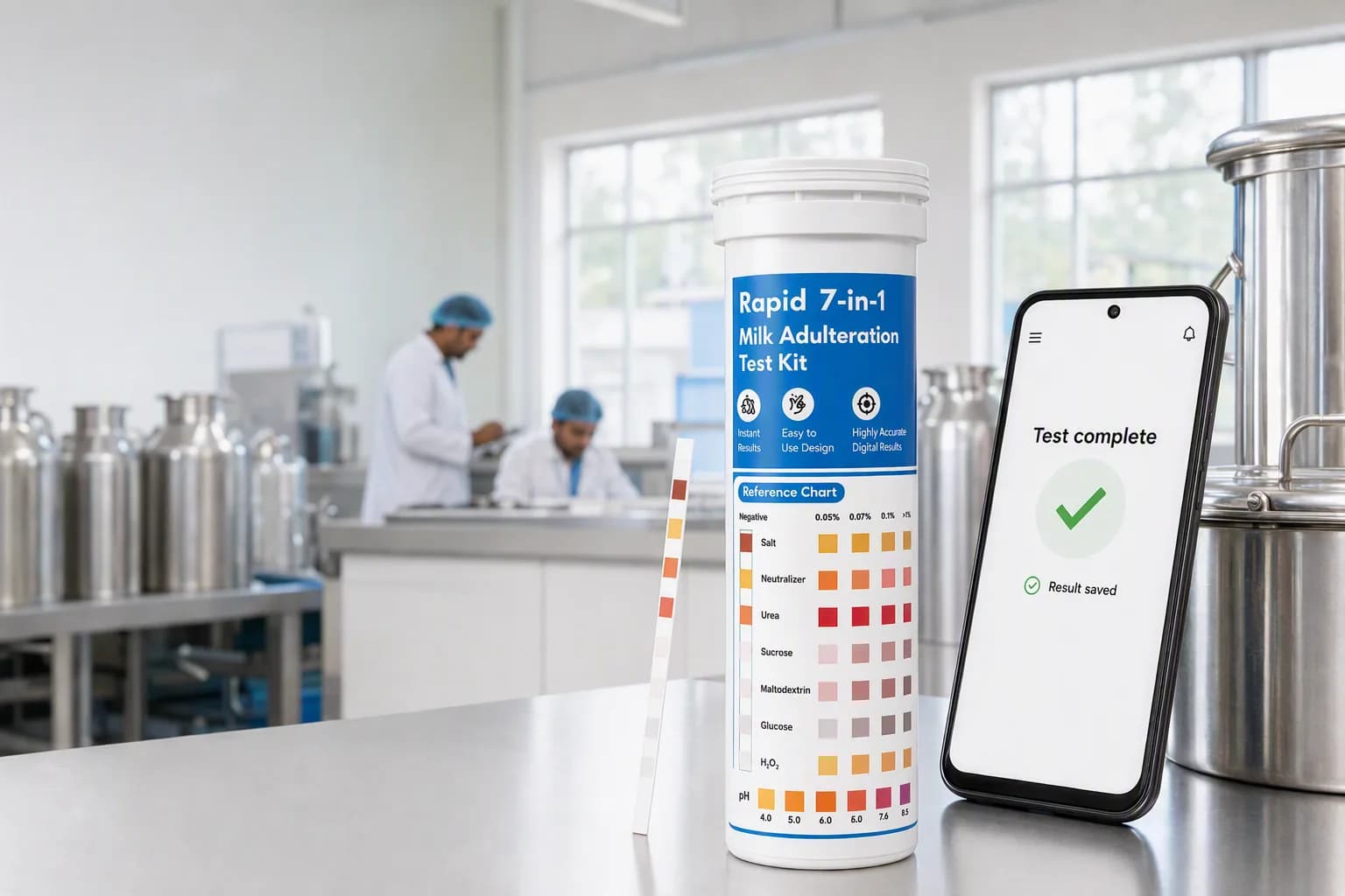 MilkTrak Rapid 7-in-1 kit beside a phone showing a saved test result