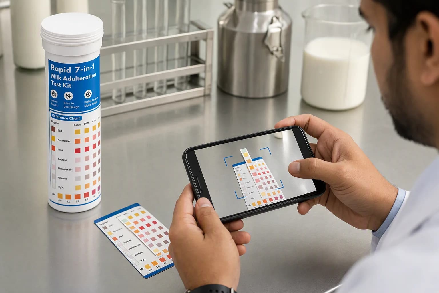 Dairy quality technician scanning a MilkTrak 7-in-1 strip with the mobile app
