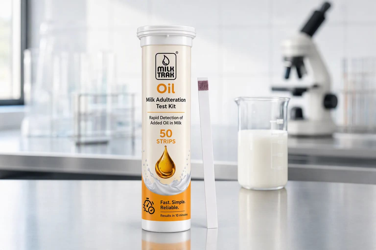 MilkTrak rapid oil detection strip bottle and test strip
