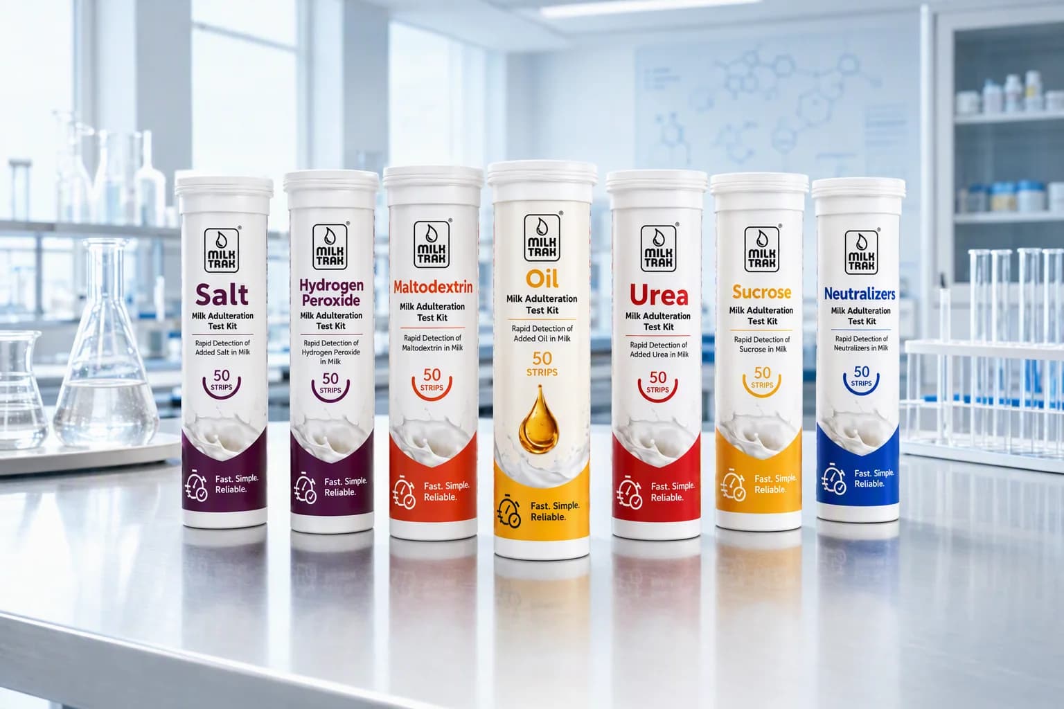 A selection of MilkTrak single-parameter milk test strip bottles